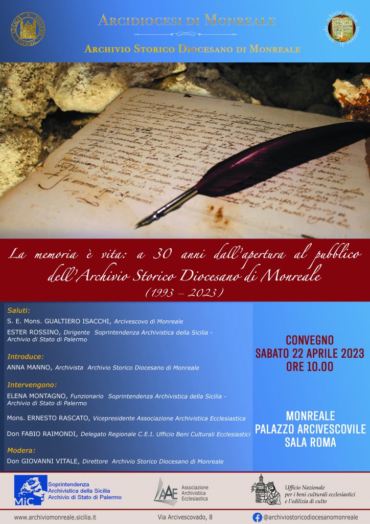 Locandina "La memoria è vita" Monreale, palazzo Arcivescovile, 22 aprile 2023
