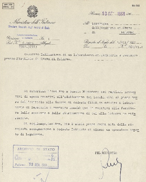 Documento di istituzione di un laboratorio di legatoria e restauro presso l’Archivio di Stato di Palermo, 10 gennaio 1968