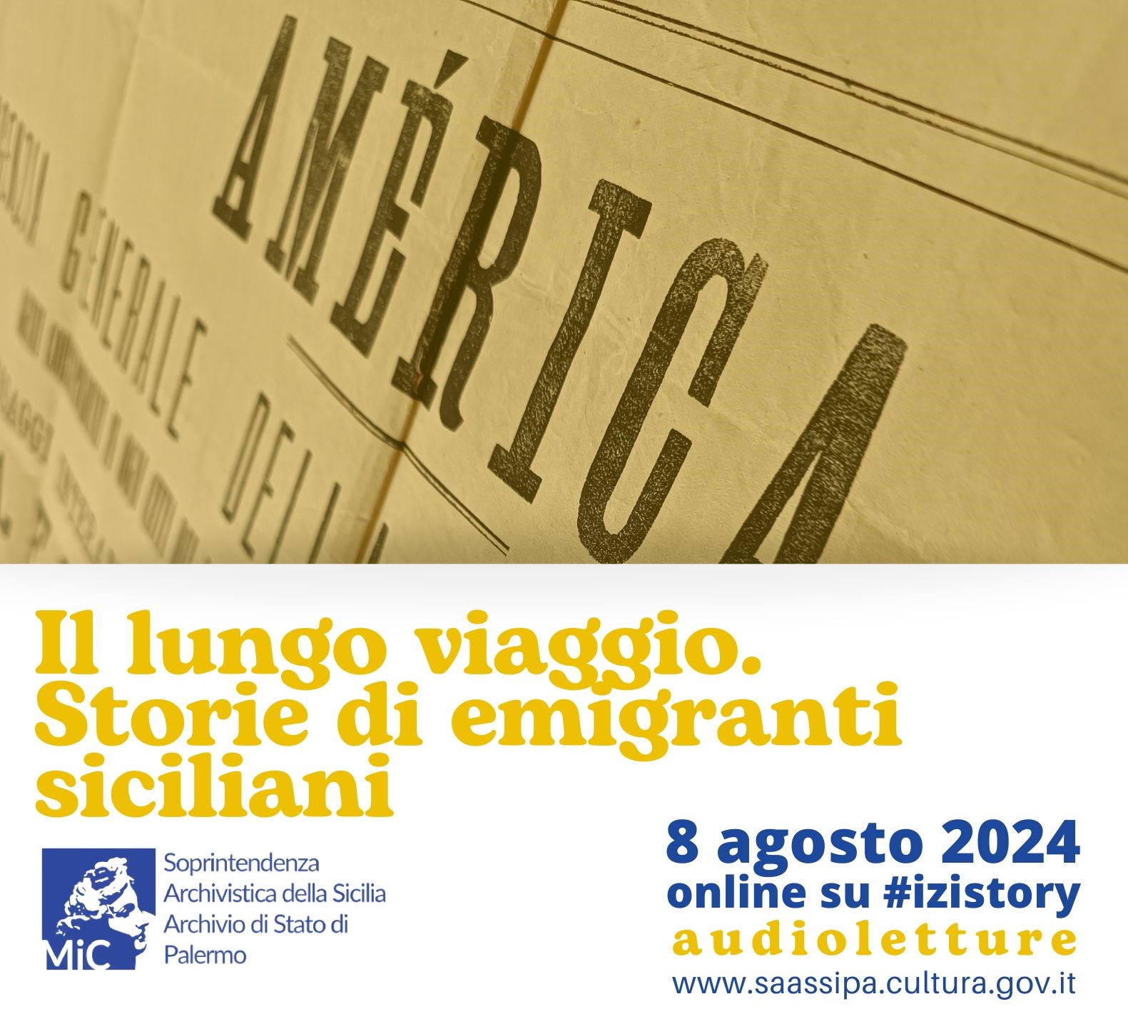 Locandina 2024 de "Il lungo viaggio. Storie di emigranti siciliani". con audioletture izi.travel